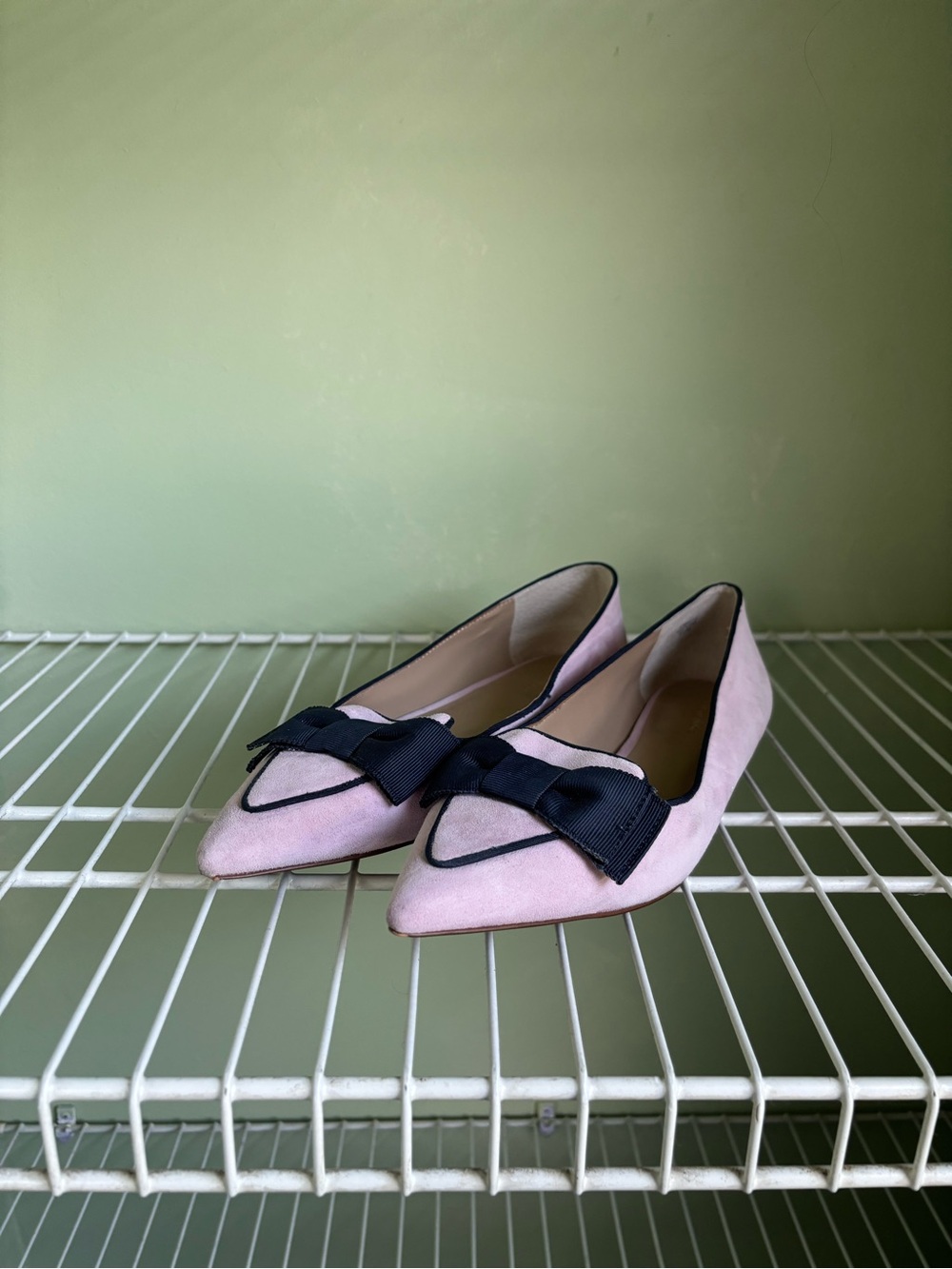 Ann Taylor Pink Suede Pointed Flats with Black Bow Trim